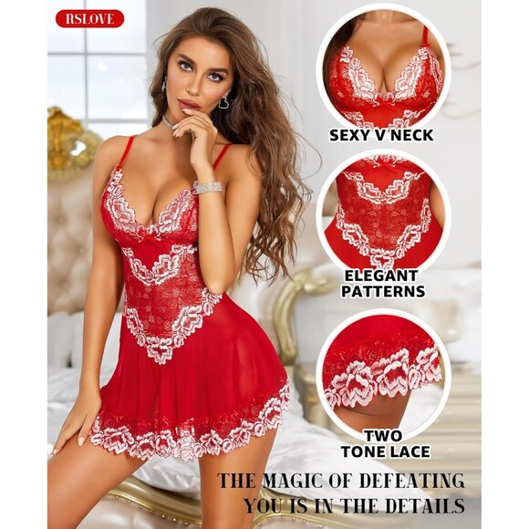 Women Red-white Lingerie Lace Babydoll Mesh Chemise Sleepwear Bridal Nightdress - Picture 3 of 5
